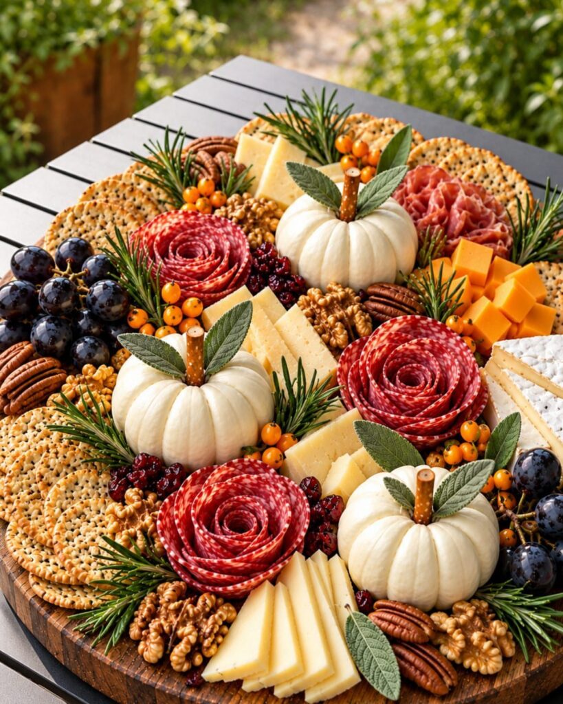 Autumn charcuterie board with salami roses, white pumpkins, cheeses, and crackers on wood.