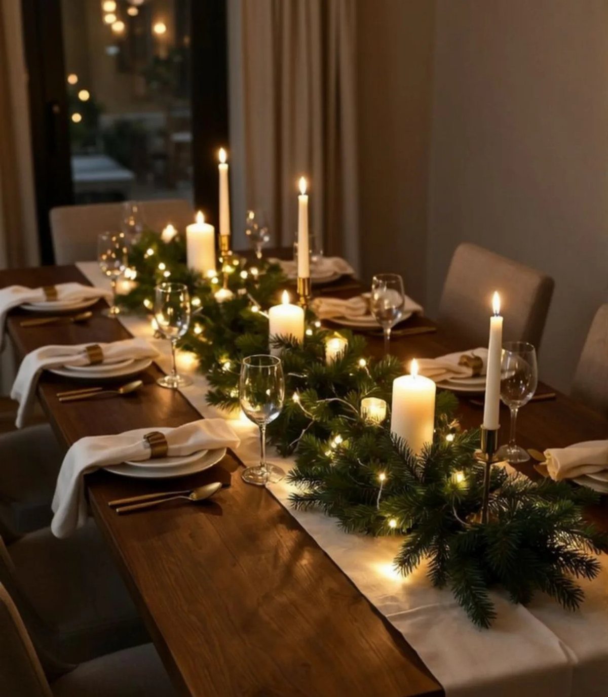 Christmas dinner table with evergreen garland, white candles, and elegant place settings.