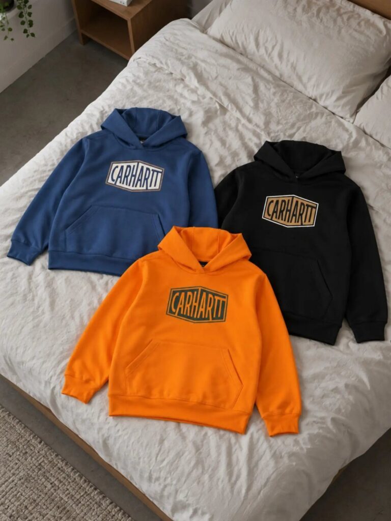 Three Carhartt logo hoodies in blue, black, and orange on a white bed.