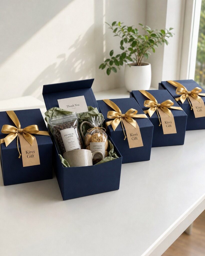 Navy blue gift boxes with gold ribbons containing coffee and honey treats.