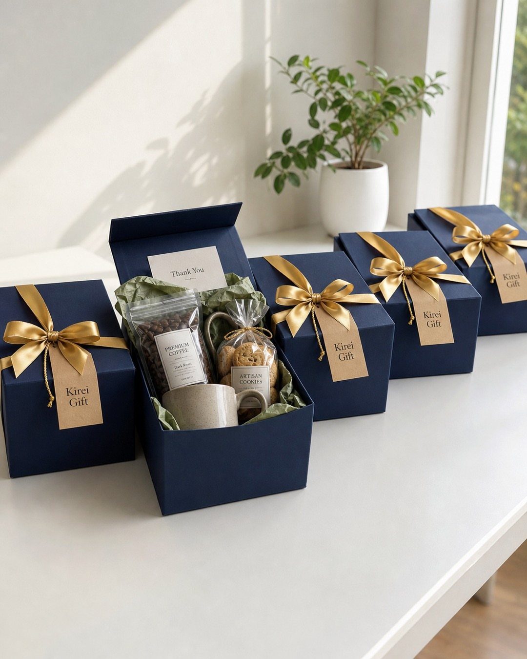 Navy blue gift boxes with gold ribbons containing coffee and honey treats.