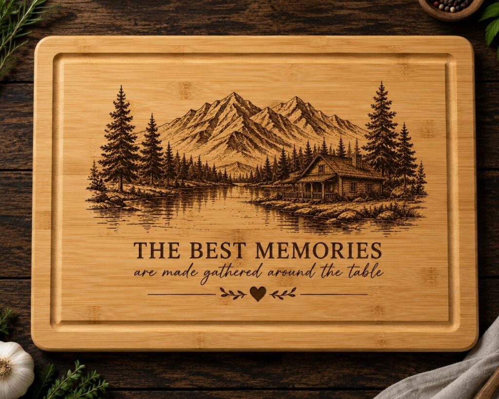 Engraved wooden cutting board featuring a mountain landscape and a sentimental quote.