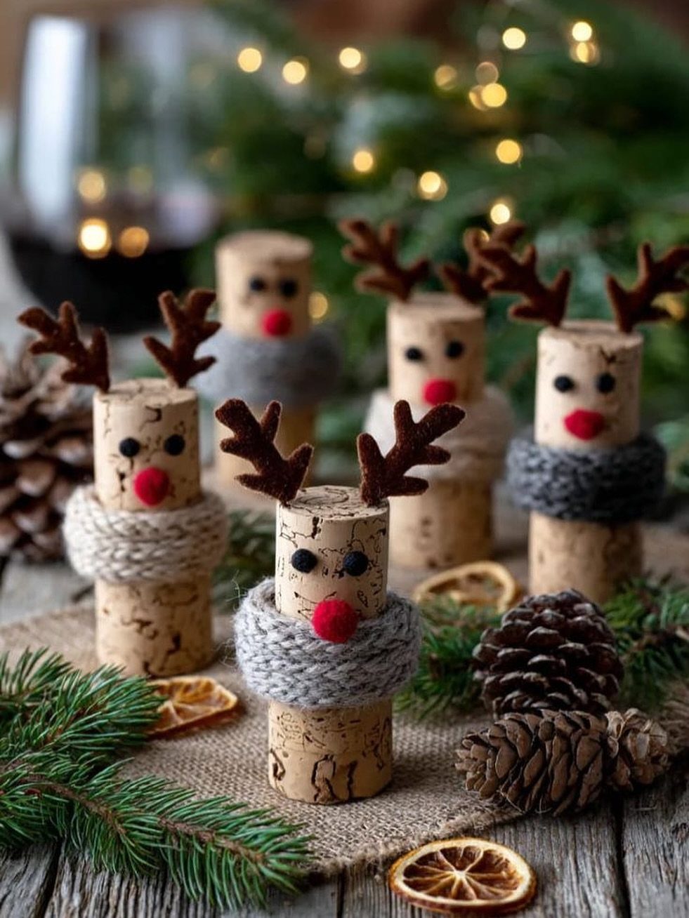Wine cork reindeer with yarn scarves and antlers on a festive wooden table