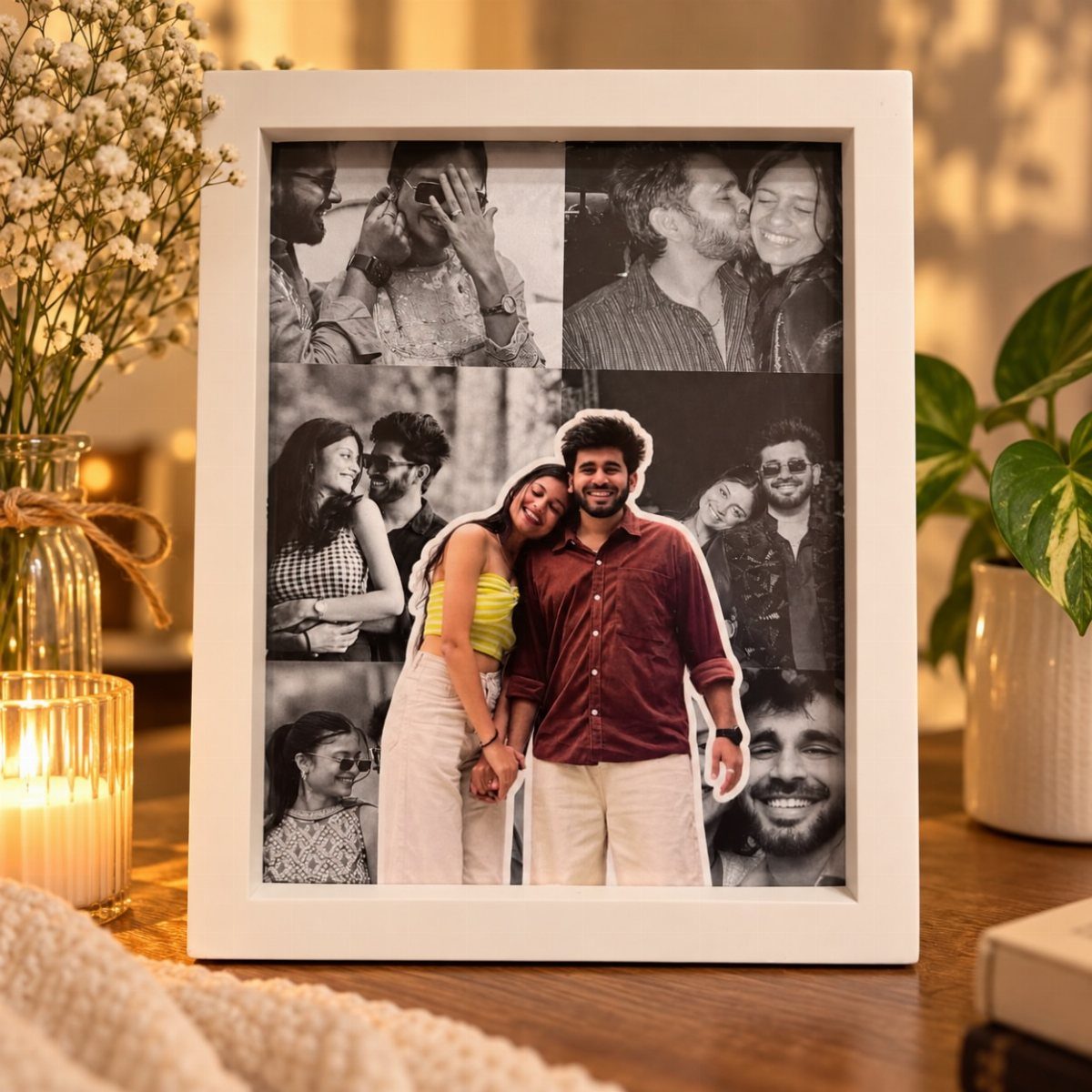 White photo frame with a collage of couple photos on a wooden table.