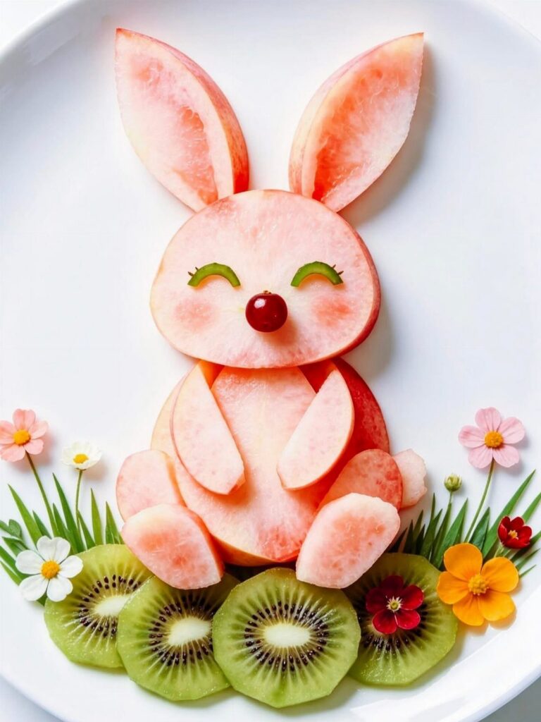 Bunny figure made from pink apple slices with kiwi grass and small flowers.