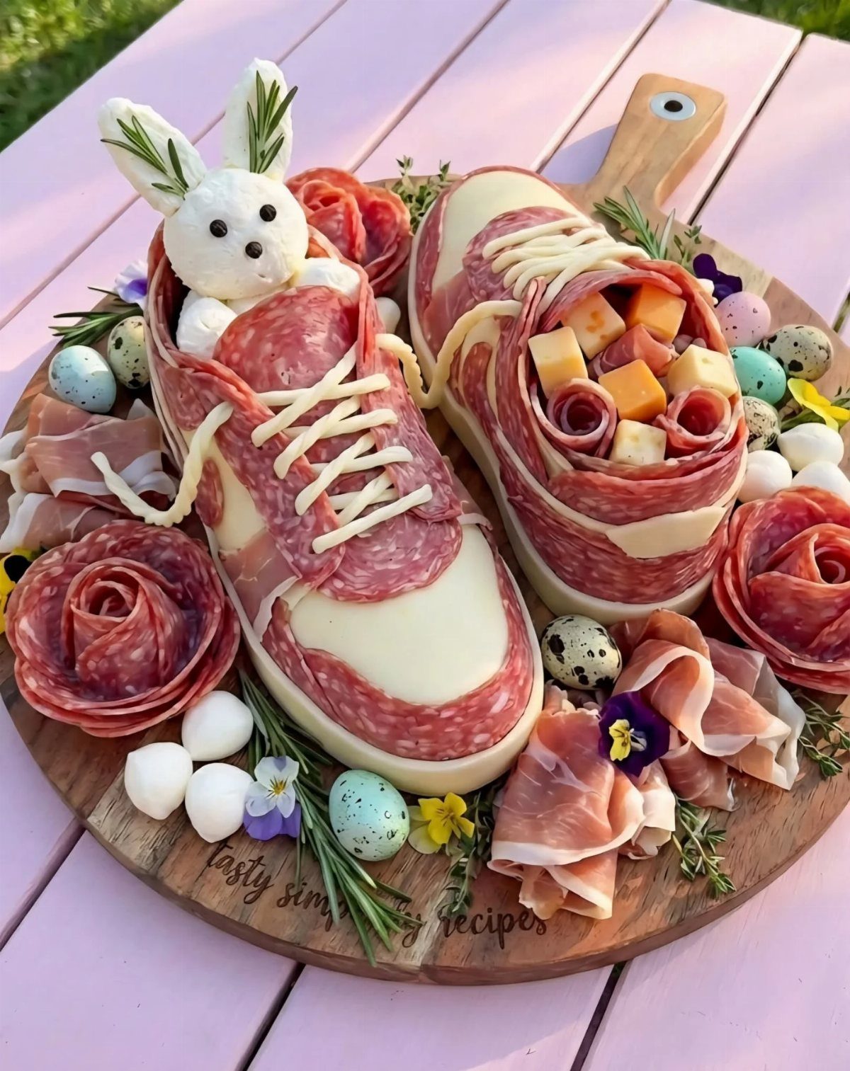 Charcuterie board with meats and cheeses shaped like sneakers and a small bunny.
