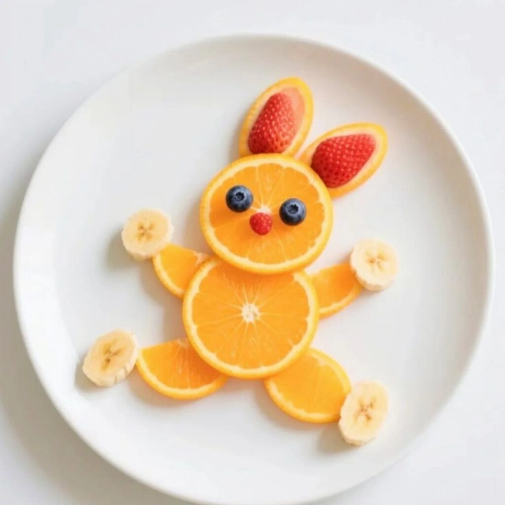 Fruit bunny made of orange slices, strawberries, blueberries, and bananas on white plate
