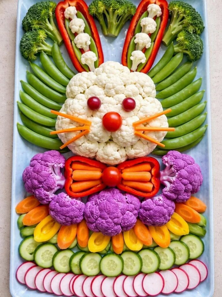 Vegetable tray arranged as a bunny using cauliflower, carrots, peppers, and snap peas.