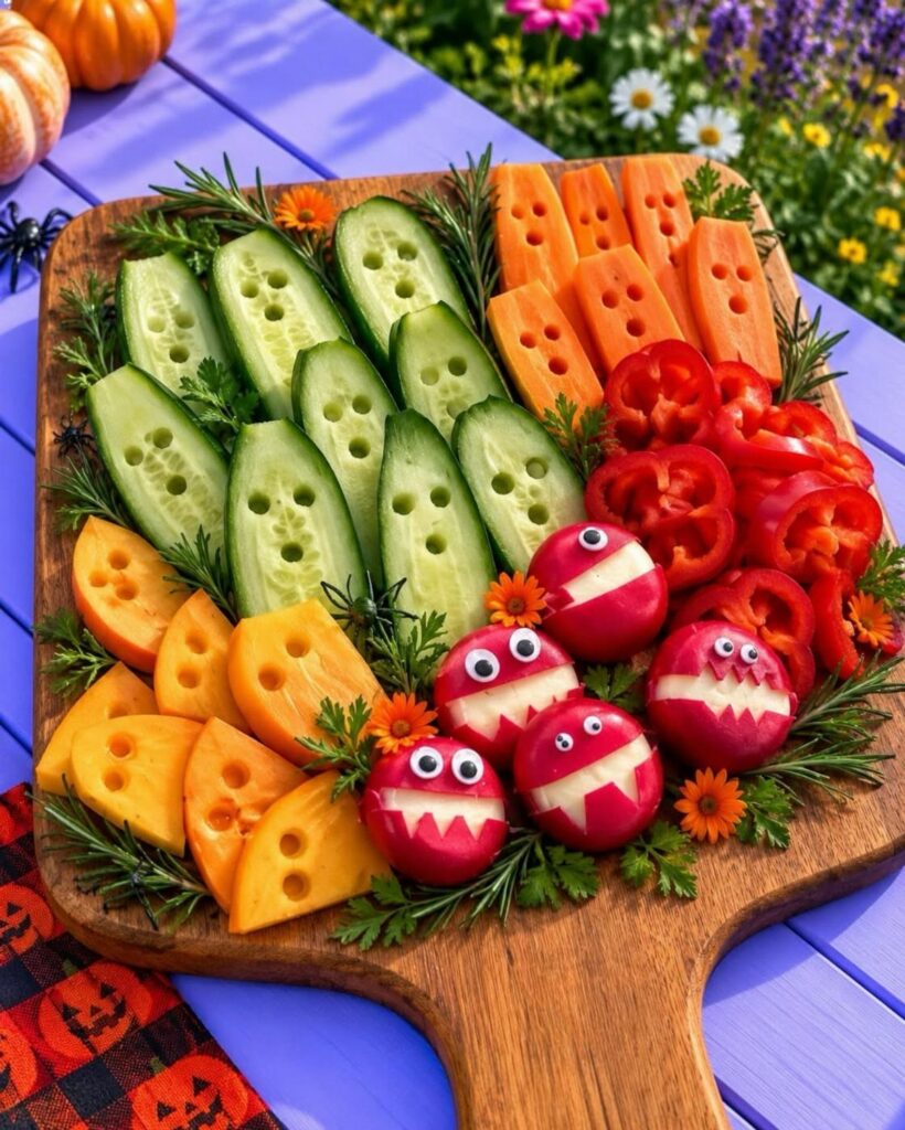 Halloween veggie tray with cucumber ghosts, carrot ghosts, and tomato monsters on wood.