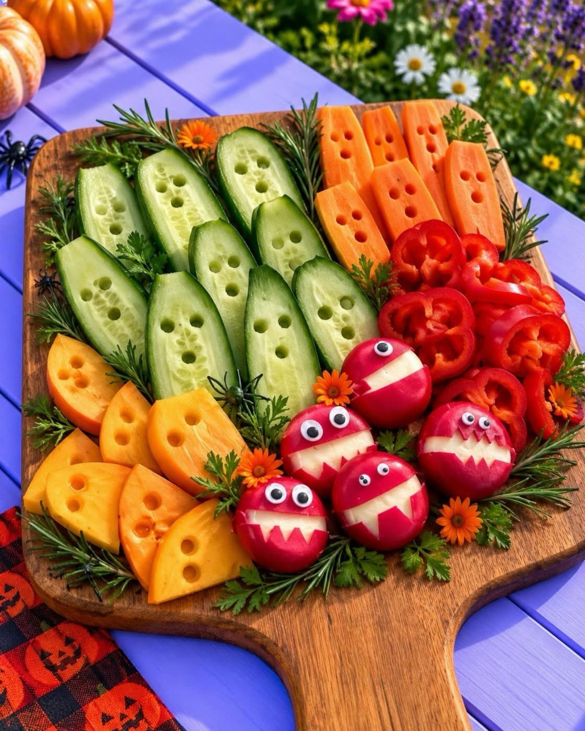 Halloween veggie tray with cucumber ghosts, carrot ghosts, and tomato monsters on wood.
