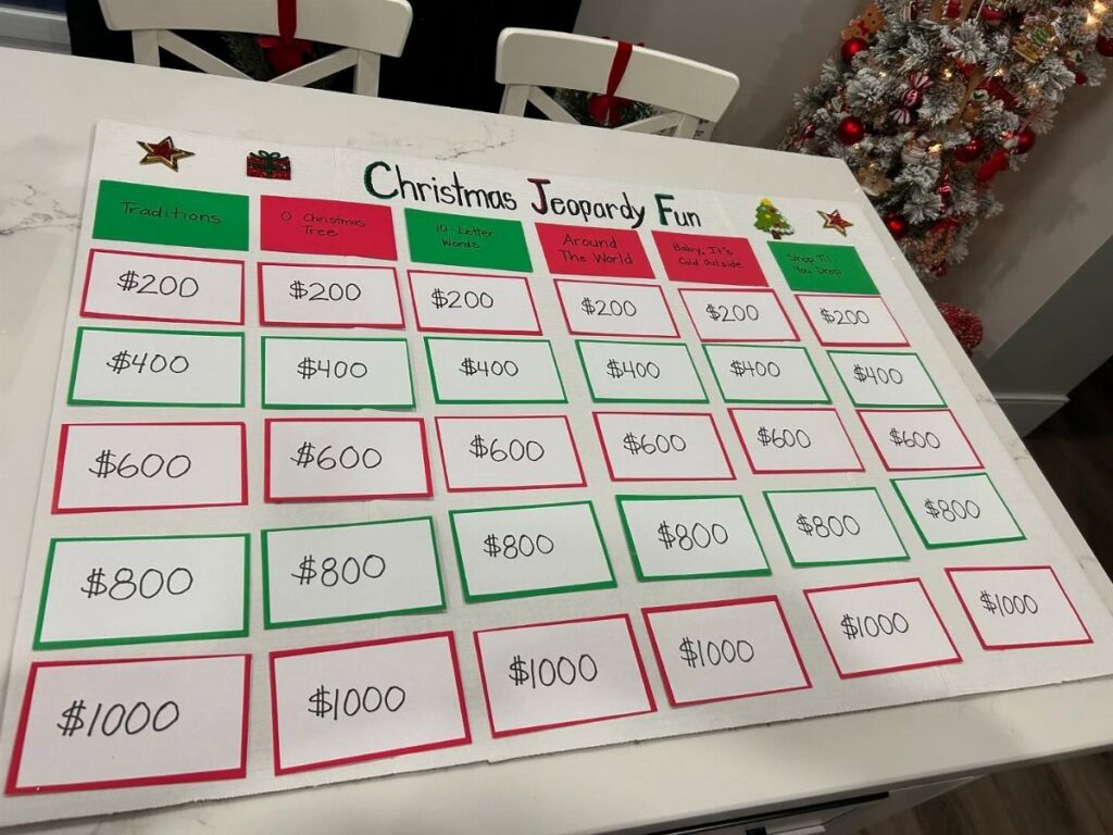 Christmas Jeopardy game board with red and green dollar amount tiles on a table