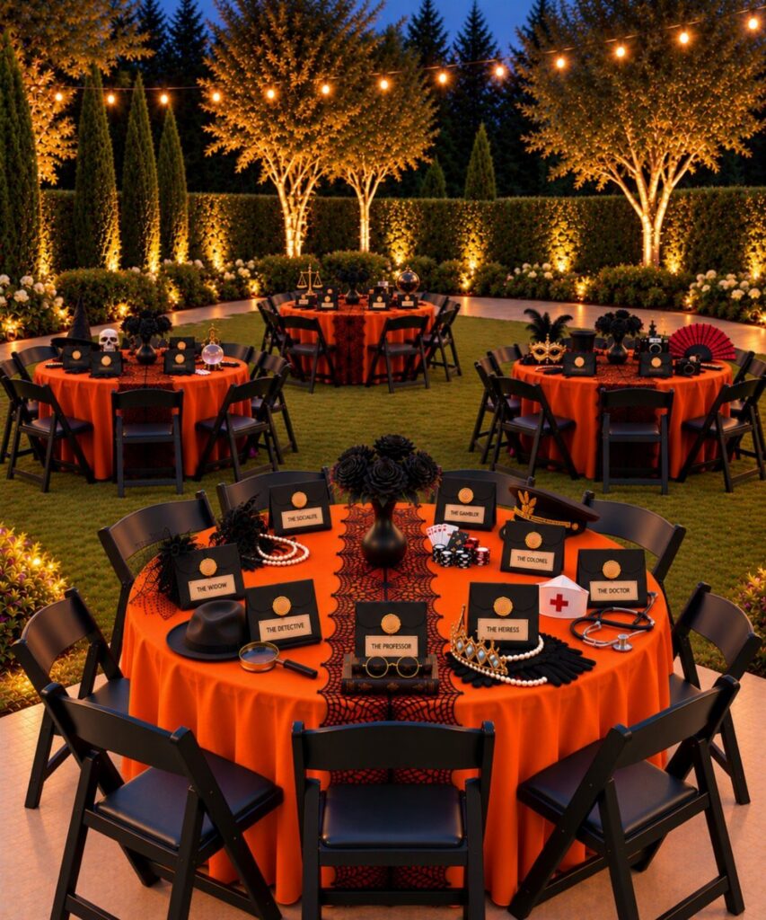 Outdoor Halloween party tables with orange cloths and murder mystery game props