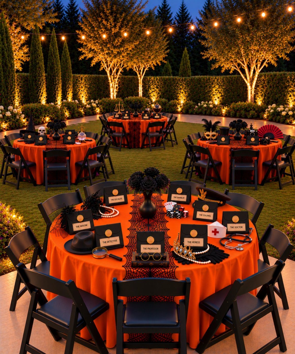 Outdoor Halloween party tables with orange cloths and murder mystery game props