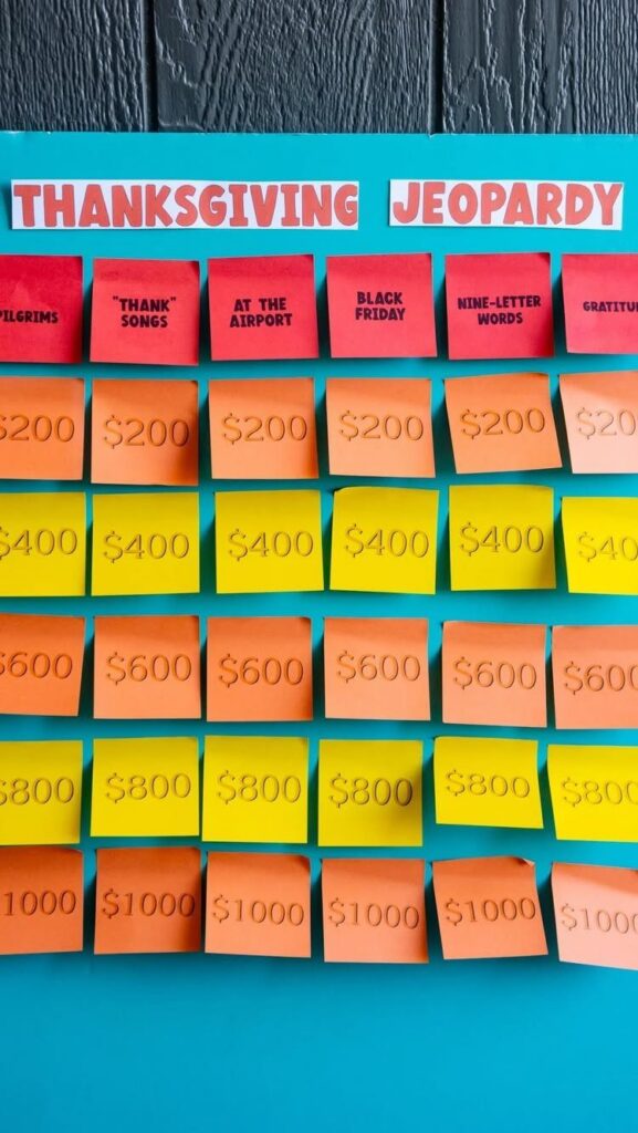 Thanksgiving Jeopardy game board with colorful sticky notes on a blue background