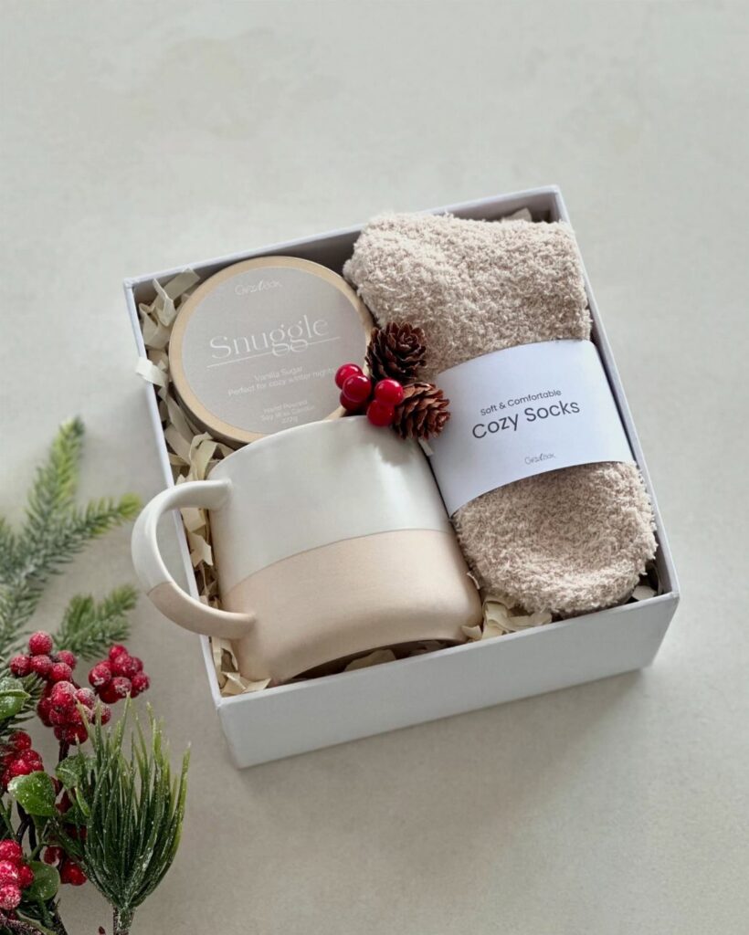 Gift set in a white box with a mug, fuzzy socks, and a candle.