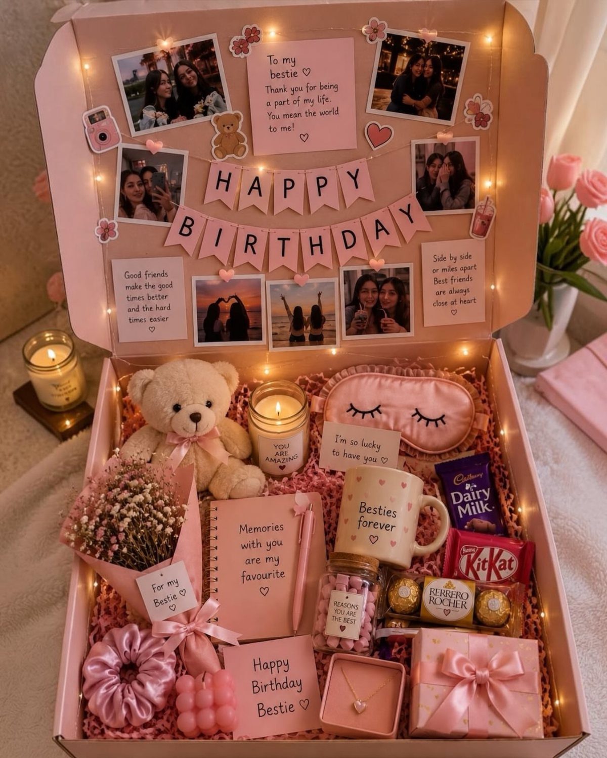 Pink gift box filled with chocolates, teddy bear, and personalized birthday decorations.