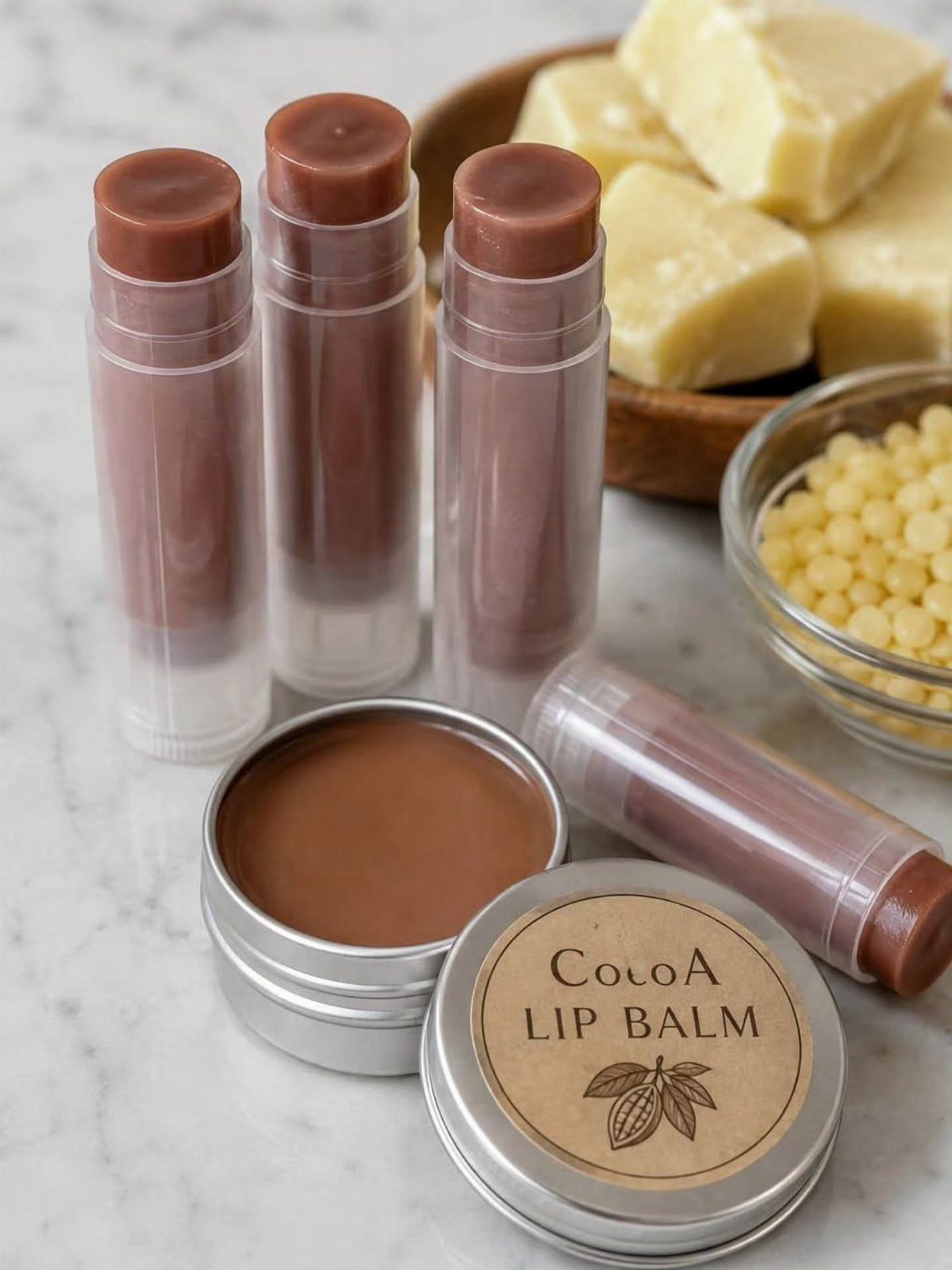 Brown cocoa lip balm tubes and a metal tin on a marble surface.