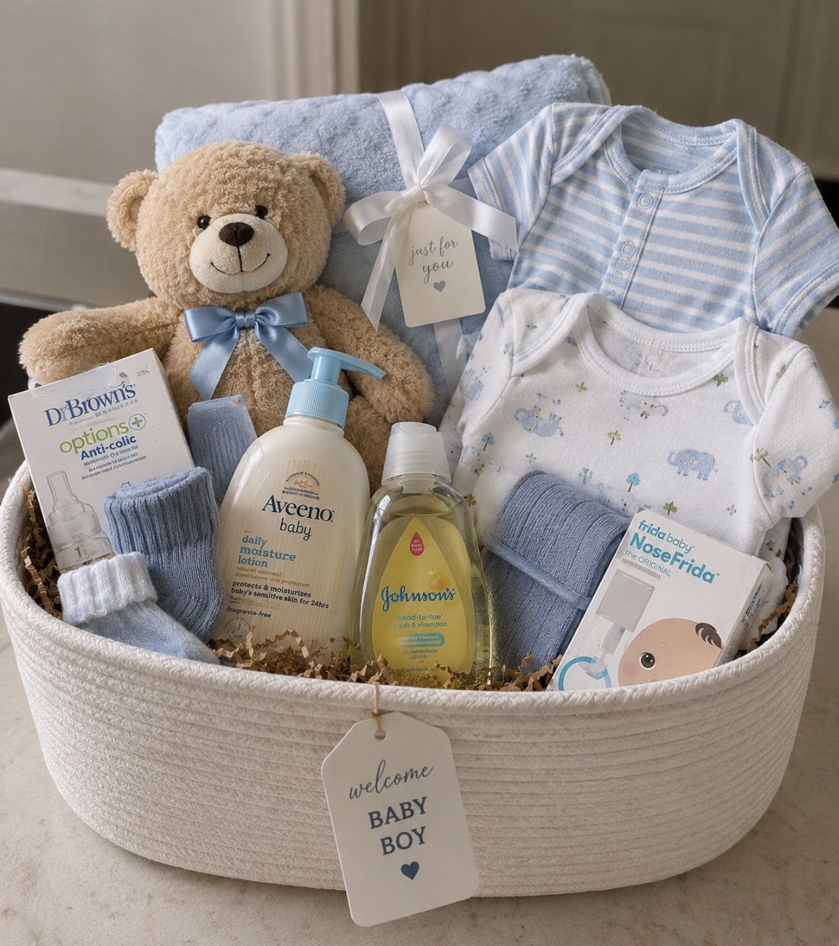 Baby gift basket with teddy bear, blue clothes, and baby care products
