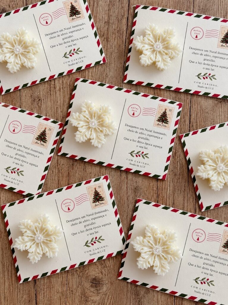 White crocheted snowflakes attached to festive holiday greeting cards on a wooden table.