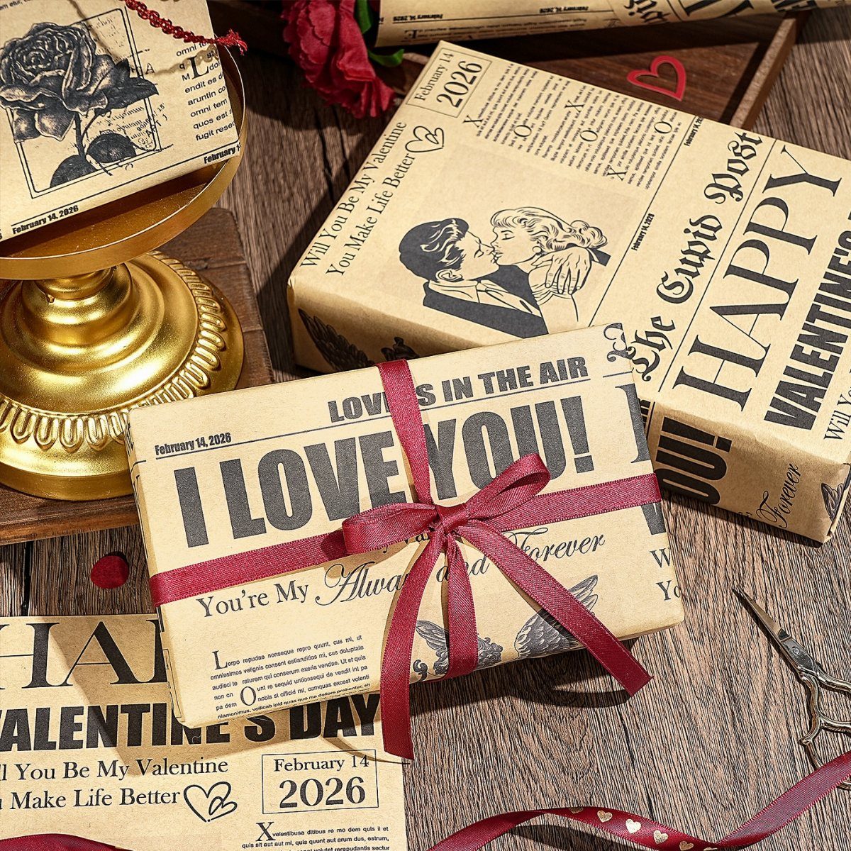 Gifts wrapped in The Cupid Post newspaper style paper with red ribbons.