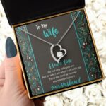 Silver heart necklace in a gift box with a romantic message to a wife