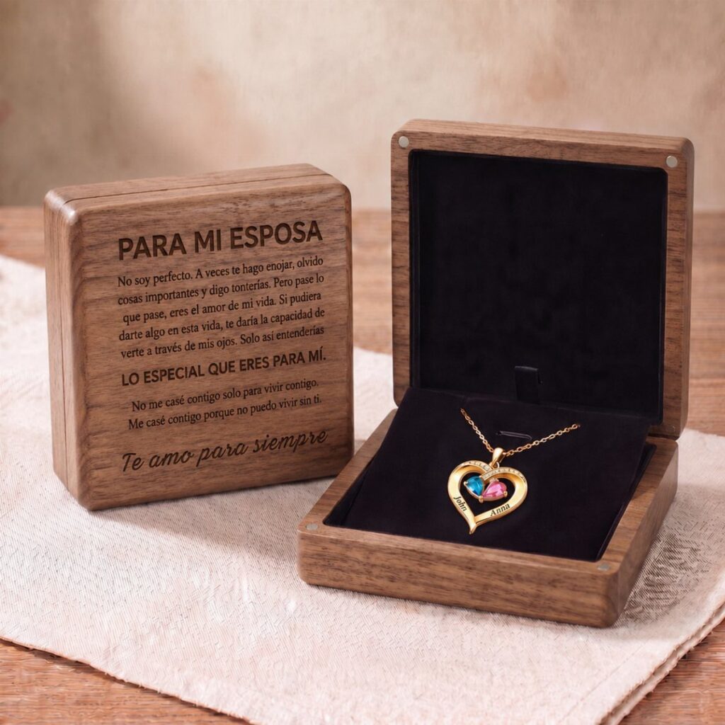 Gold heart necklace with colorful gemstone in a personalized engraved wooden gift box